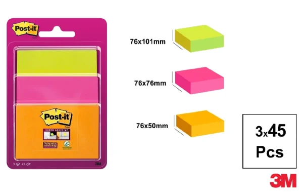 POST-IT NOTAS SUPER STICKY 3 BLOCKS x 45