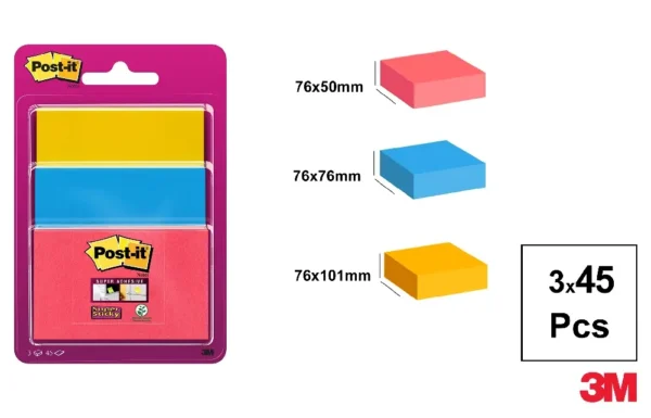 POST-IT NOTAS SUPER STICKY 3 BLOCKS x 45