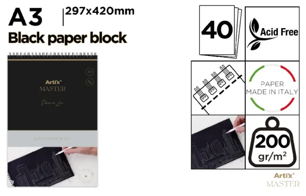 BLOCK DE DIBUJO PAPEL NEGRO 200 g/m² A3.