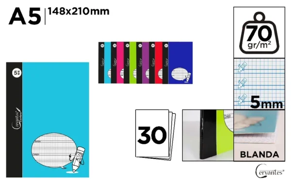 CUADERNO CUARTILLA 30 HOJAS 5 mm 70 g/m²