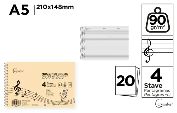 CUADERNO DE MÚSICA 4 PENTAGRAMAS A5 CERV