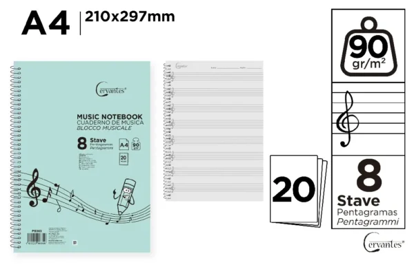 CUADERNO DE MÚSICA 8 PENTAGRAMAS A4 CERV