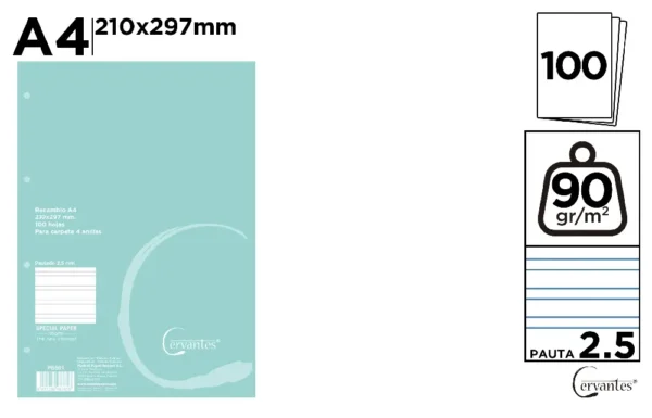 RECAMBIO A4 90 g/m² 100 HOJAS 4 TALADROS