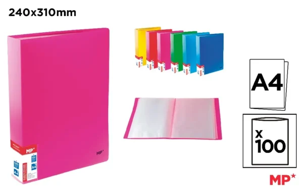 CARPETA 100 FUNDAS A4 TAPA FLUORESCENTE.