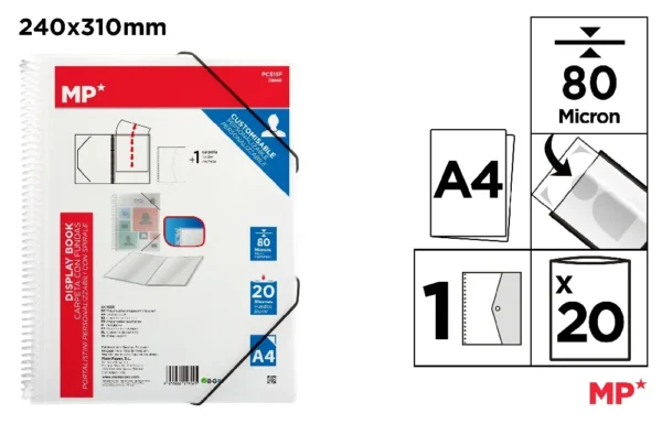 CARPETA 20 FUNDAS A4 CON ESPIRAL Y GOMA.