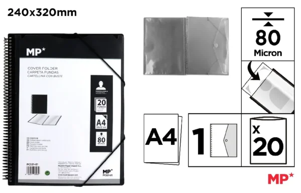CARPETA 20 FUNDAS CON ESPIRAL TRANSLÚCID