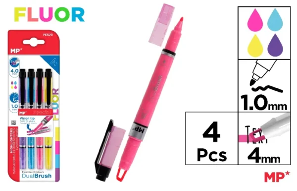 MARCADOR FLUORESCENTE DOBLE PUNTA 4 Uds.