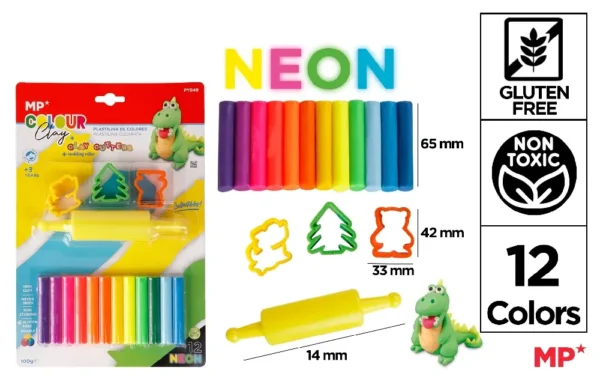 PLASTILINA 12 BARRITAS NEON 100G+3MOLDES