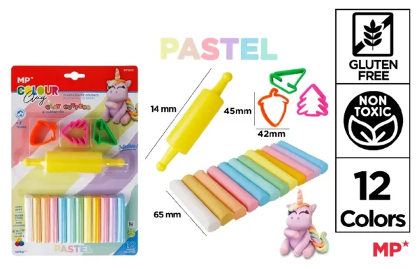 PLASTILINA 12BARRITAS PASTEL 100G+3MOLDE