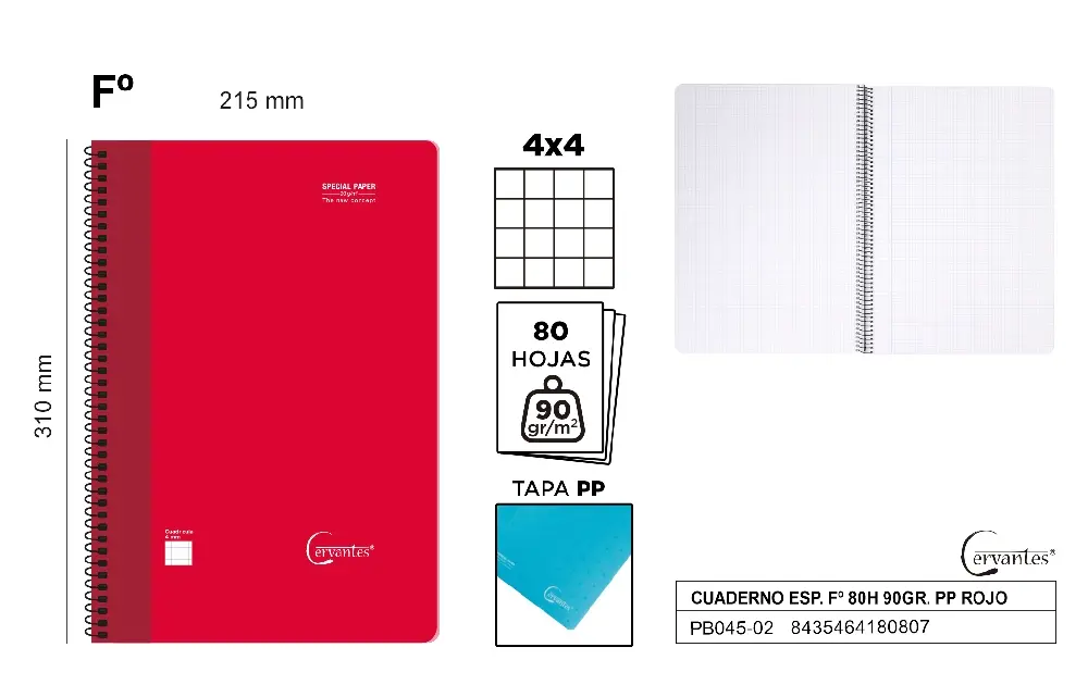 CUADERNO ESPIRAL Fº 80 HOJAS 90 g/m² ROJ