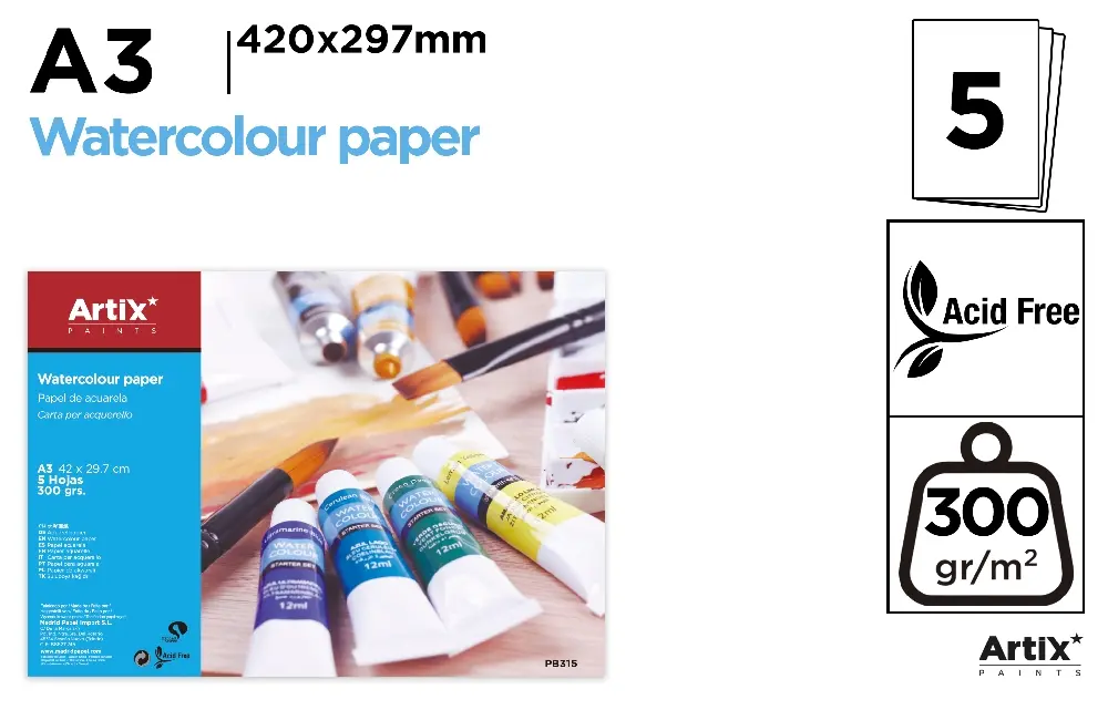 PAPEL ACUARELA 5 HOJAS A3 42 x 29.7 cm
