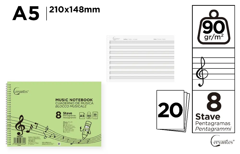 CUADERNO DE MÚSICA 8 PENTAGRAMAS A5 CERV