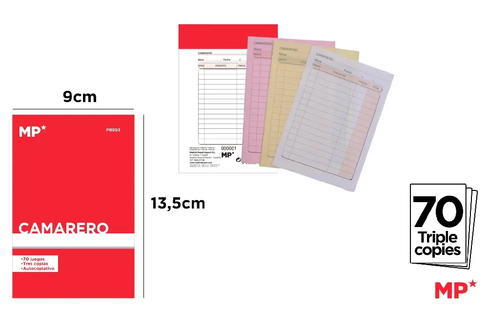 TALONARIO CAMARERO BOLSILLO TRIPLICADO A