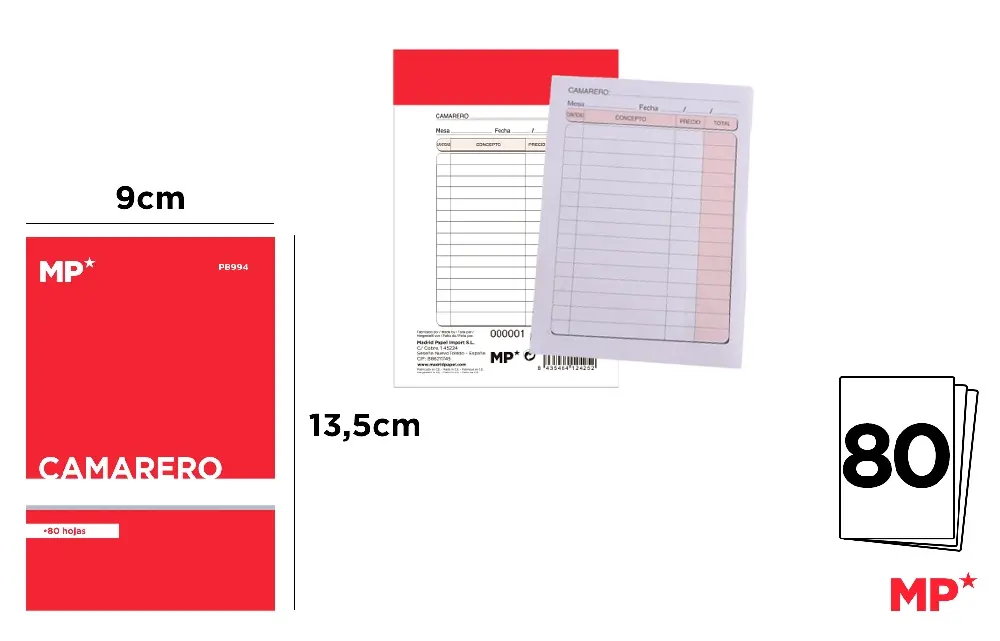 TALONARIO CAMARERO BOLSILLO 80 HOJAS.