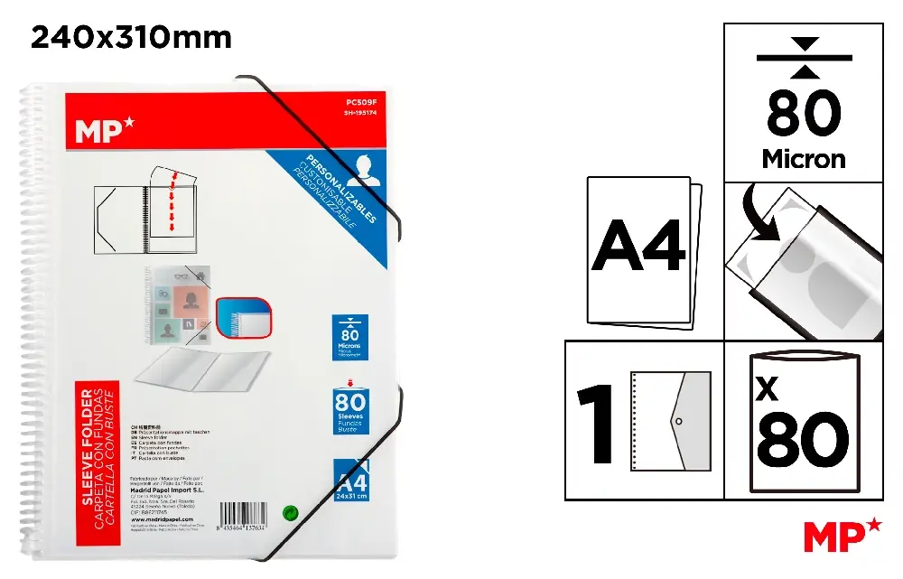 CARPETA 80 FUNDAS A4 CON ESPIRAL Y GOMA.