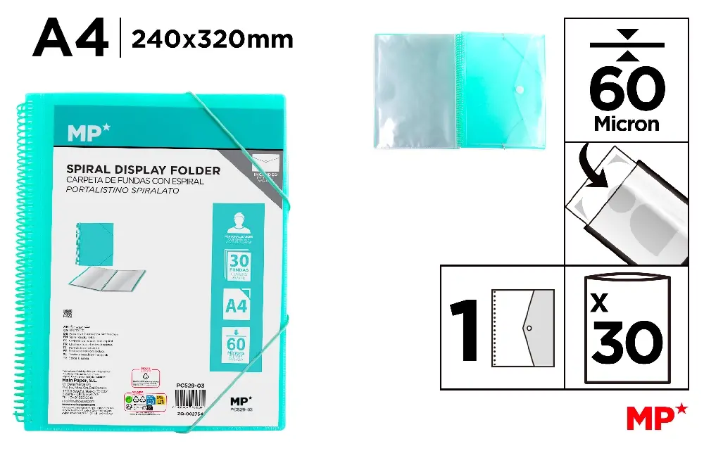 CARPETA 30 FUNDAS A4 CON ESPIRAL Y GOMAS