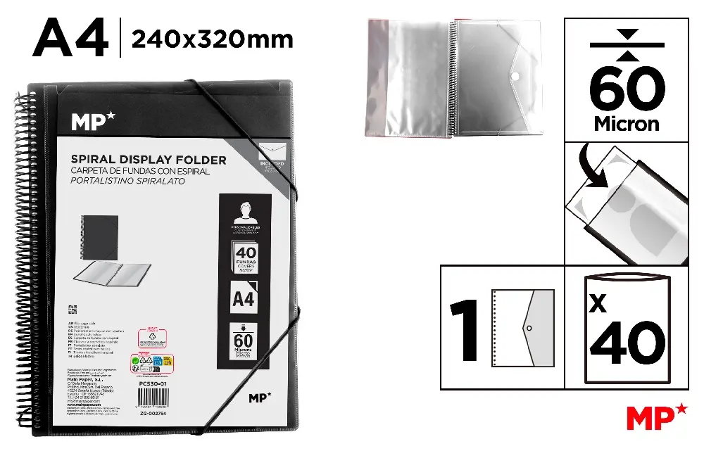 CARPETA 40 FUNDAS A4 CON ESPIRAL Y GOMAS