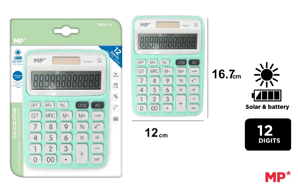 CALCULADORA SOLAR Y PILAS VERDE CLARO.