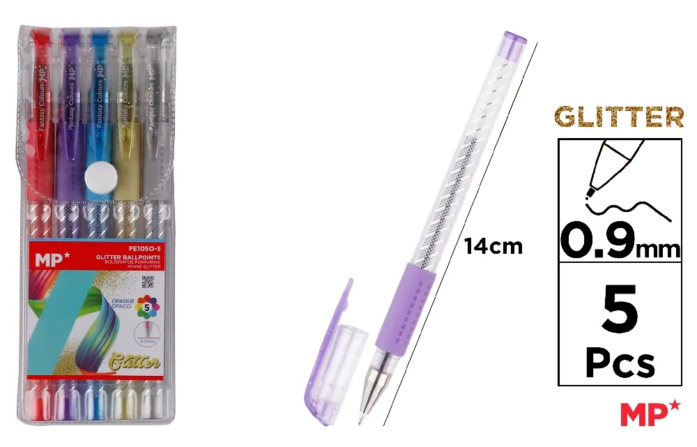 BOLÍGRAFOS PURPURINA 5 COLORES.