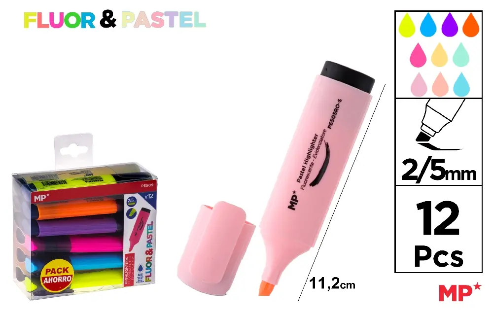 MARCADOR FLUORESCENTE Y PASTEL 12 Uds. P