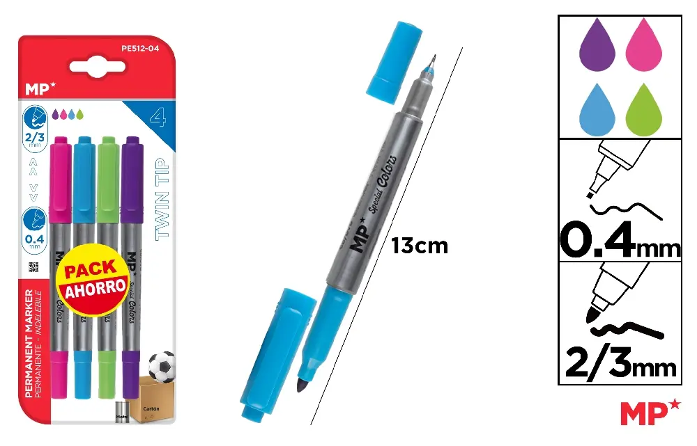 MARCADOR PERMANENTE DOBLE PUNTA 4 Uds..