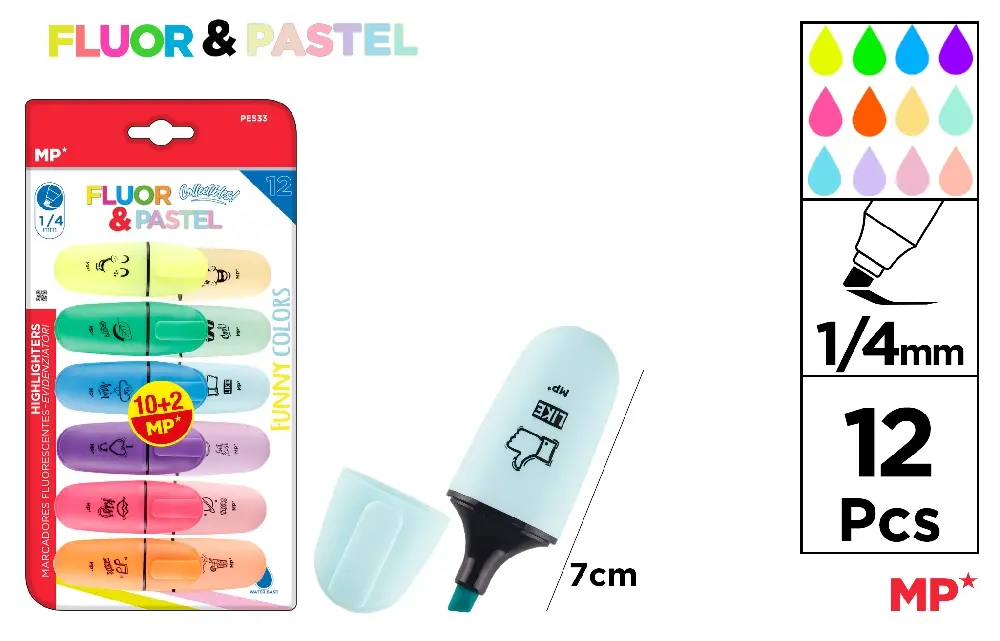 MARCADOR FLUORESCENTE Y PASTEL MINI 12 U