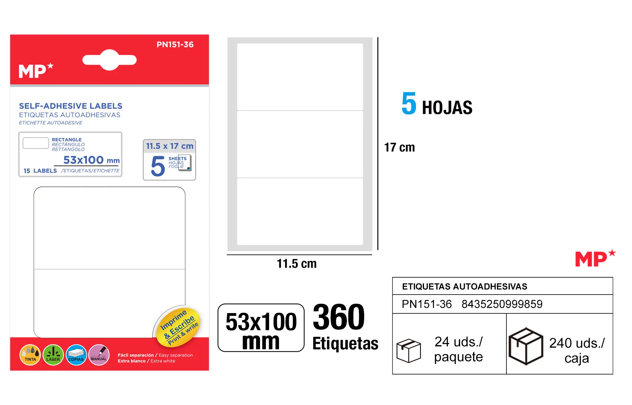 ETIQUETAS BLANCAS ø 53 x 100 mm 15 Uds..