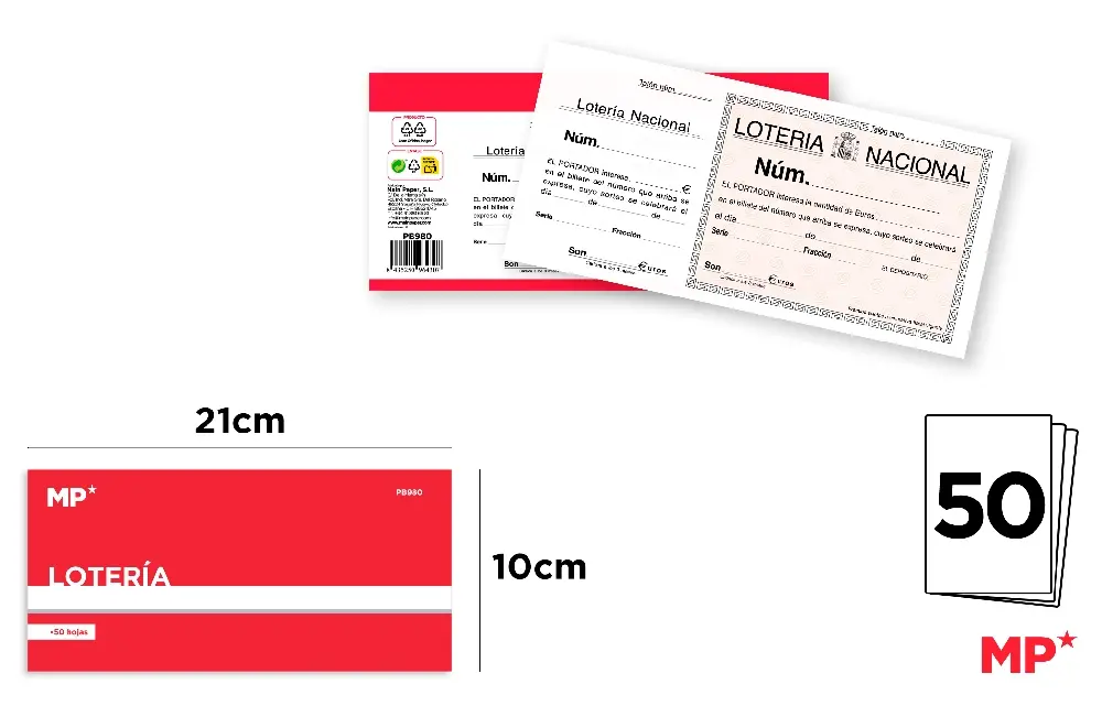 TALONARIO LOTERIA 10 x 21 cm 50 HOJAS.