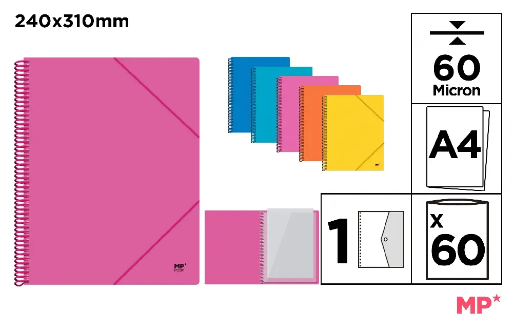 CARPETA 60 FUNDAS A4 CON ESPIRAL Y GOMAS