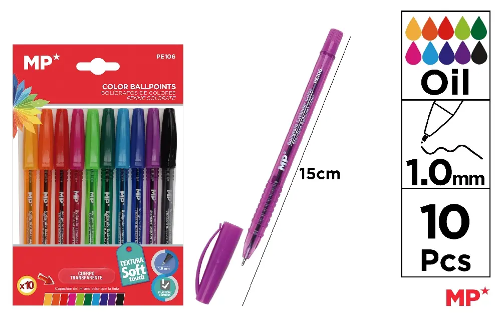 BOLÍGRAFOS 1.0 mm 10 COLORES SUAVE